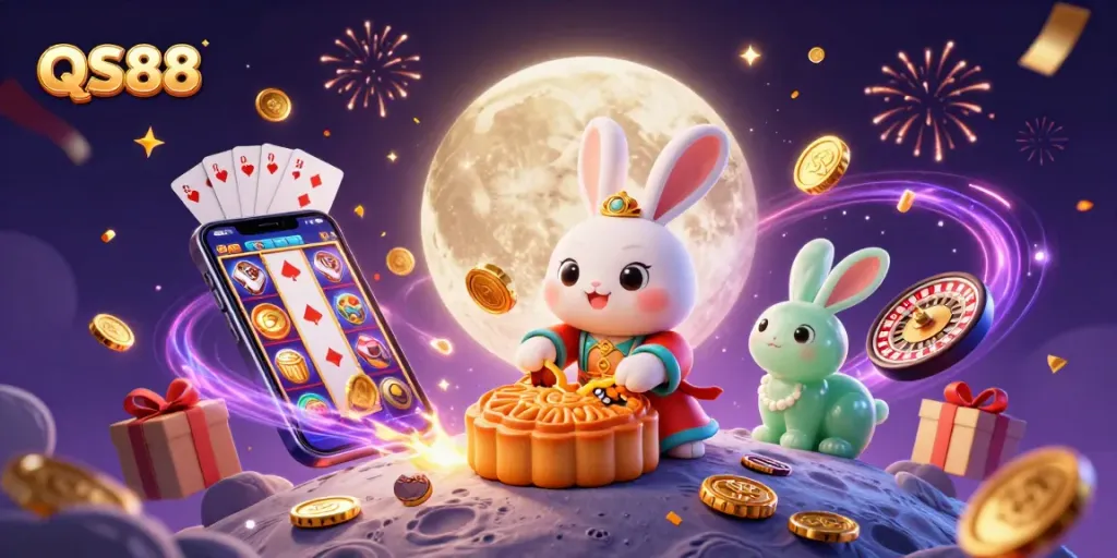 Experience thrilling gaming with QS88 featuring a moon rabbit amidst casino elements.