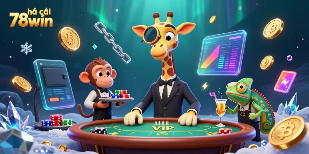 Engage in thrilling gameplay at nhà cái 78win with animated characters enjoying a vibrant casino atmosphere.