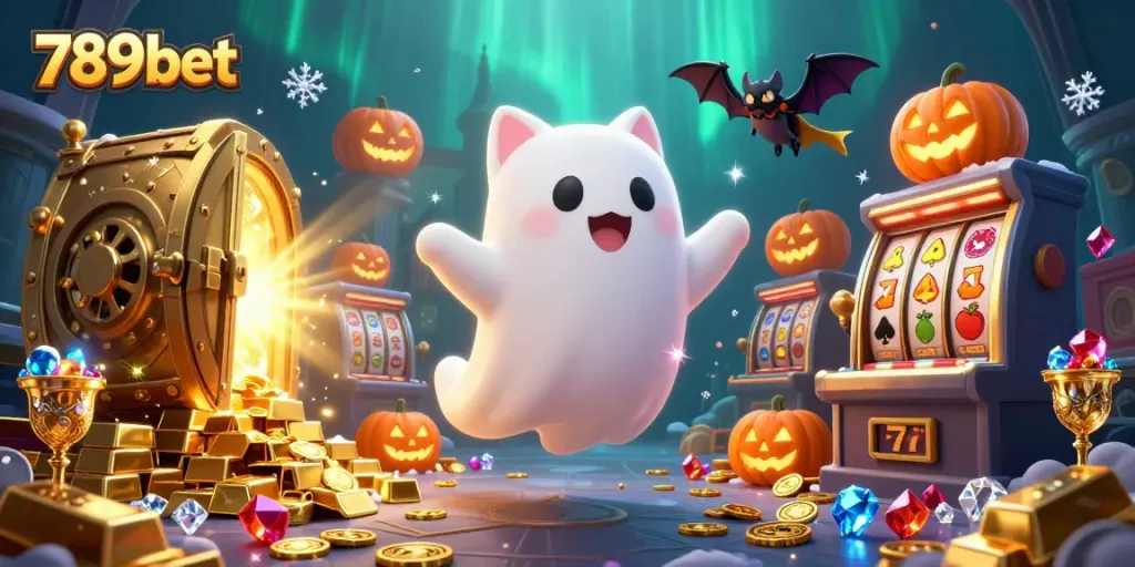 Experience the excitement of 789bet with a ghost cat in a lively haunted casino scene
