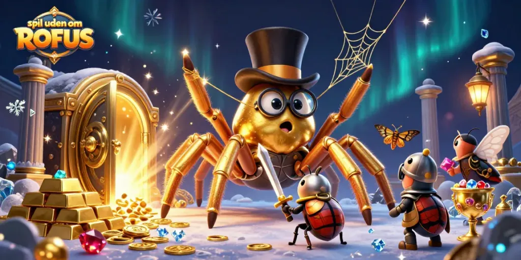 Engage with thrilling gaming at spil uden om ROFUS featuring a daring knight and golden tarantula in a vibrant casino scene.