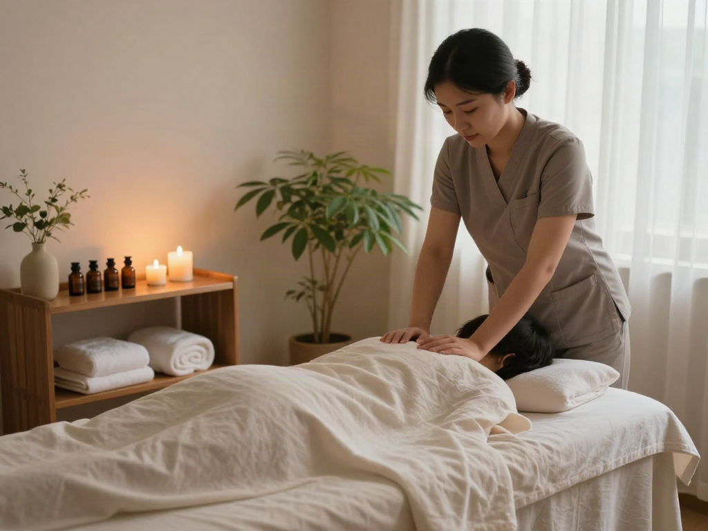 Relaxing 부평출장마사지 in an inviting spa room with calming atmosphere.