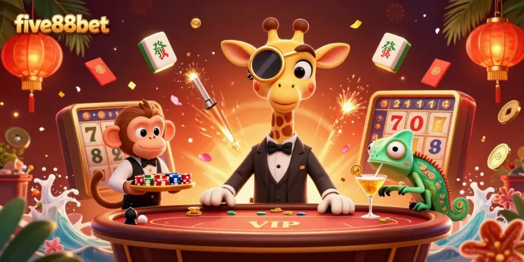 Experience five88bet's thrilling VIP table with a high-roller giraffe, monkey valet, and chameleon bartender.