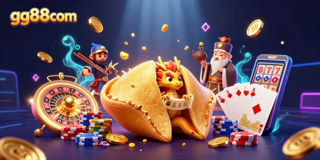 Engage with gg88com's enchanting casino scene featuring golden fortune elements surrounded by vibrant casino game symbols.