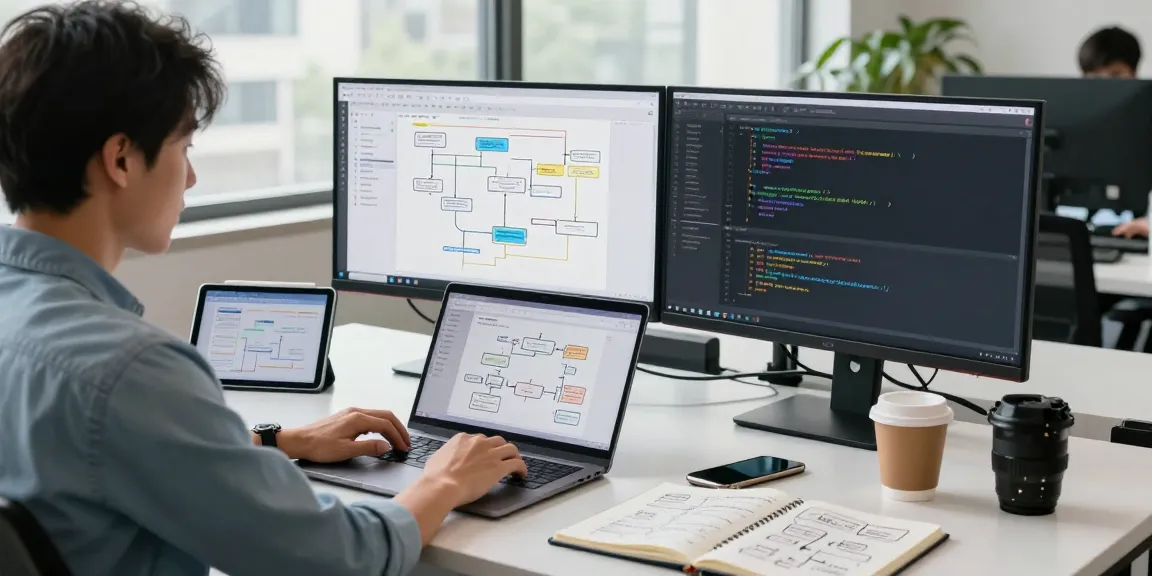 Developing internal tools with AI in a modern office workspace, showcasing collaborative tech environment.