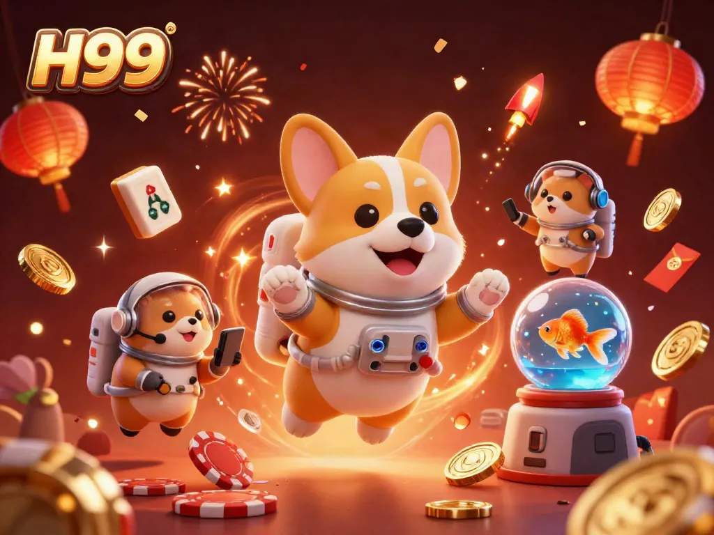 H99 online casino illustration featuring a cartoon astronaut corgi and a mission-control hamster.