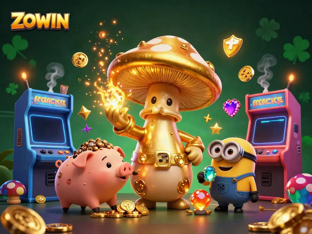 Experience thrilling gameplay at ZOWIN with a magical golden wizard accompanied by treasure-hunting characters.