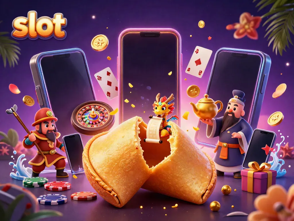 Engage with the slot excitement through a whimsical 3D illustration featuring a fortune cookie theme.