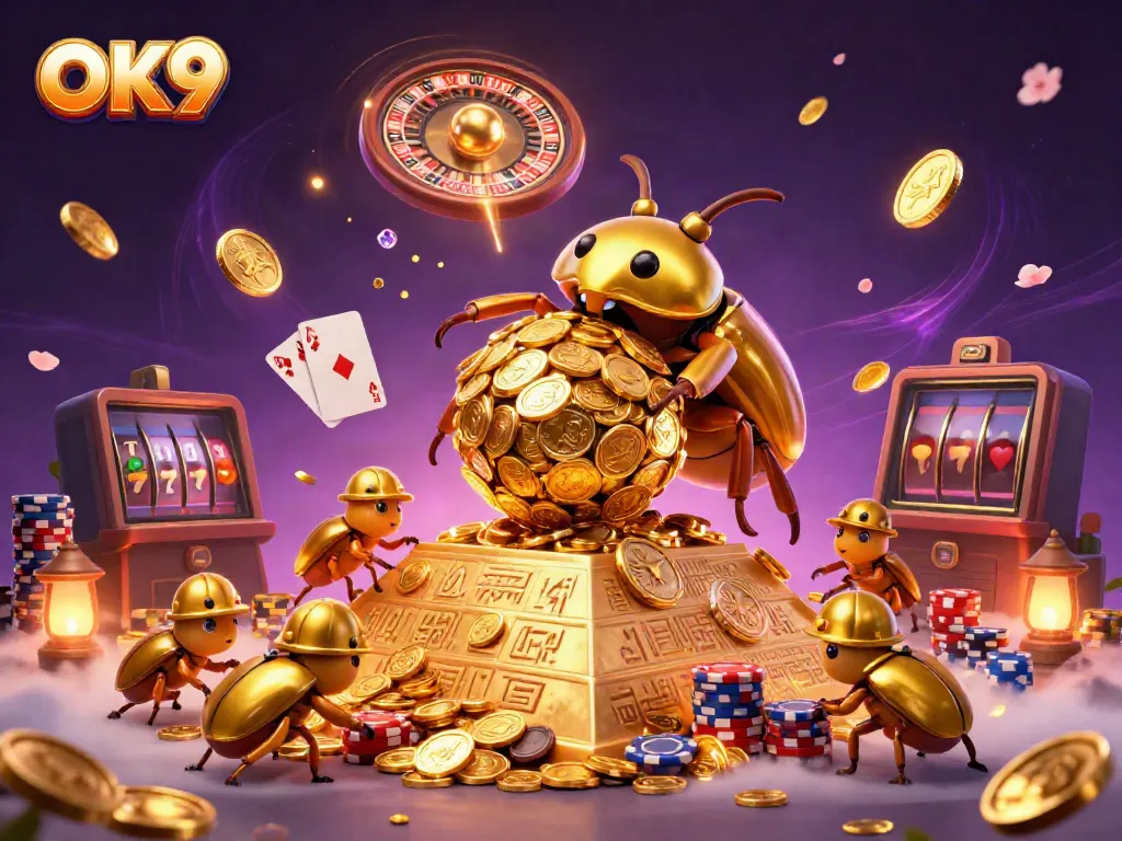 Experience thrilling gameplay at OK9 with a golden beetle rolling coin balls, surrounded by dynamic casino elements.