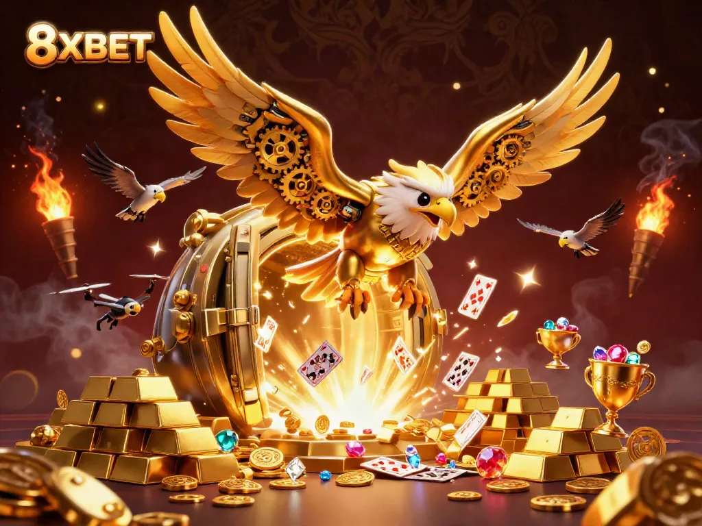 Experience the thrill of 8XBET with a vibrant 3D illustration of a golden eagle amidst gambling treasures.