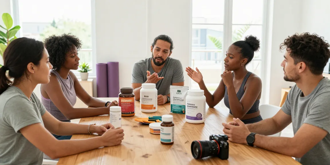 Gezonde productpresentatie bij Unique Pharma Shop met diverse individuen die voedingssupplementen verkennen.