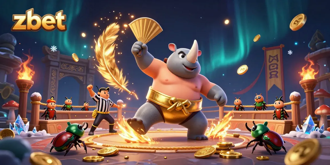 Experience thrilling gaming action with zbet's vibrant 3D illustration of a beetle sumo champion.