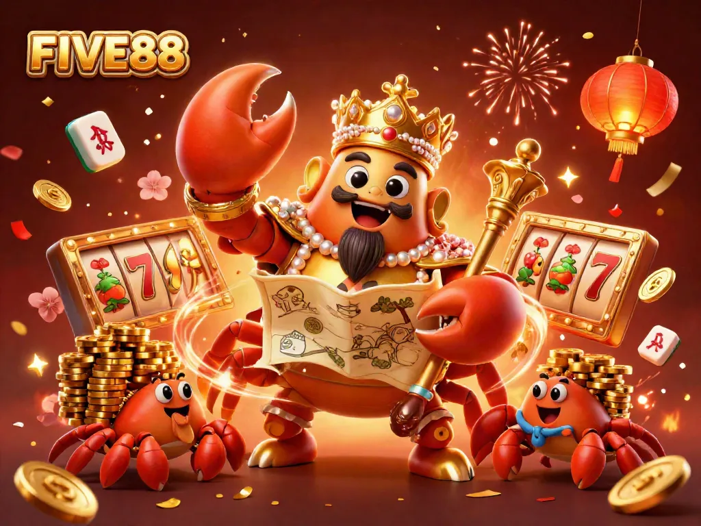 Experience the excitement of FIVE88 with a lavish 3D casino scene featuring a golden crab emperor and riches!