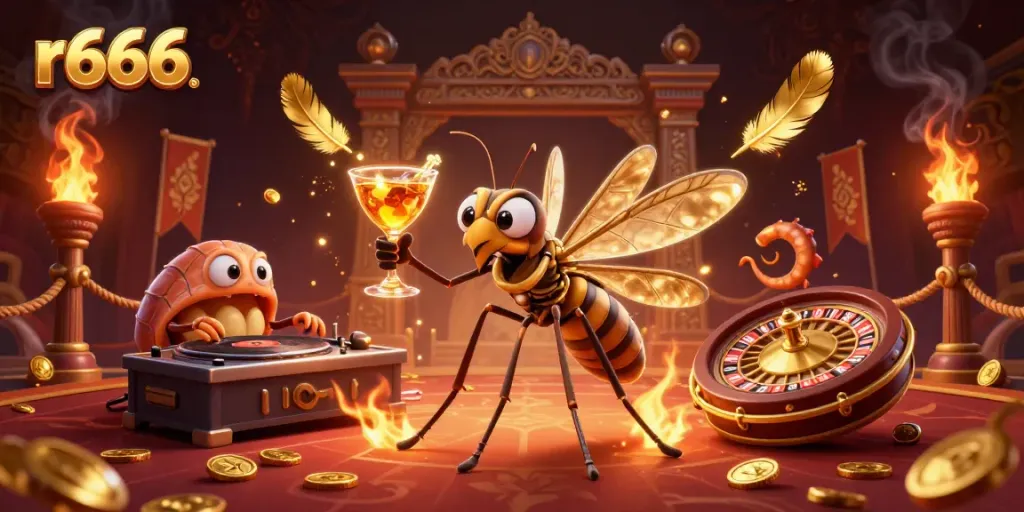 Experience vibrant casino excitement with r666's immersive cartoon scene featuring dynamic game elements.
