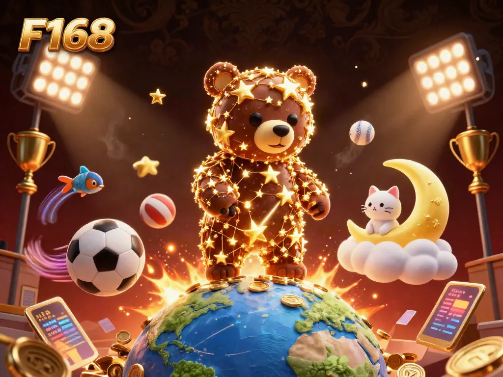 F168 showcases a vibrant casino experience with characters collecting coins amid dynamic sports elements in a magical setting.