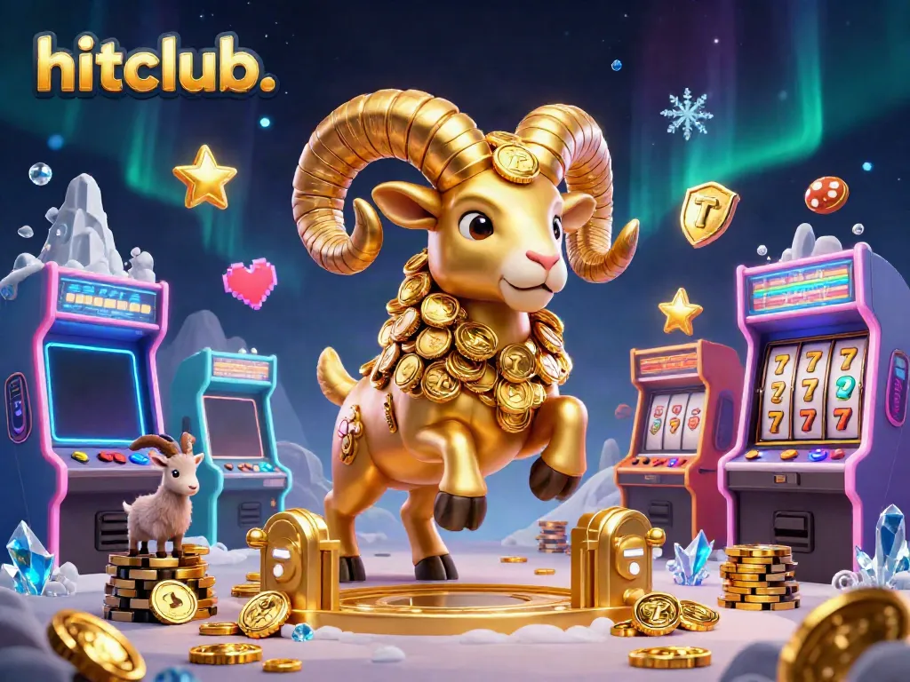 Experience the thrill of hitclub. with a charging golden ram, surrounded by vibrant slots elements.