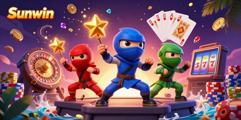 Experience the vibrant gaming scene at Sunwin with animated chameleon ninjas amidst cascading coins and casino elements.