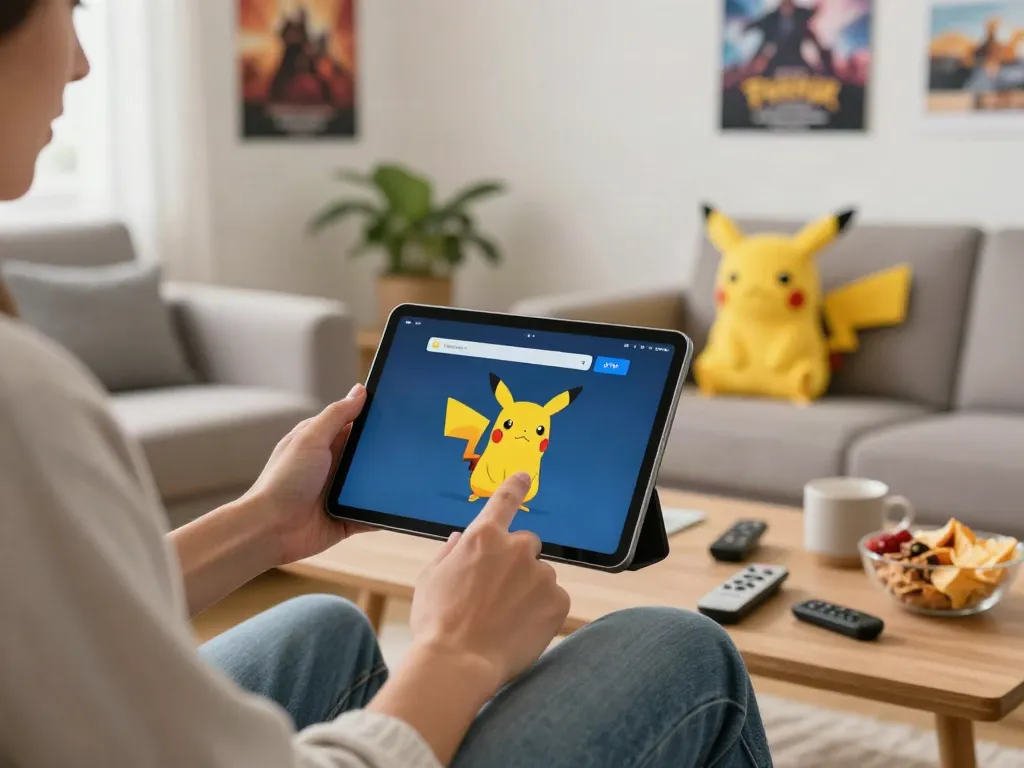 Pikachu App user enjoying entertainment on smartphone in cozy living room.