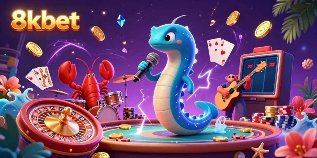 Experience the vibrant 8xbet underwater casino with electric eel DJ and colorful gaming elements.