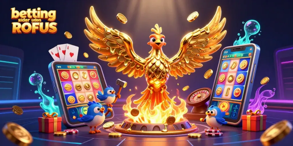 Engage with betting sider uden ROFUS in this vibrant 3D casino illustration featuring gold, gaming elements, and dynamic action.
