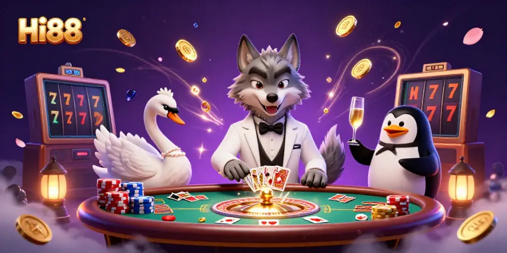 Enjoy Hi88's vibrant casino atmosphere with a stylish wolf, elegant swan, and sophisticated penguin amidst gaming excitement.