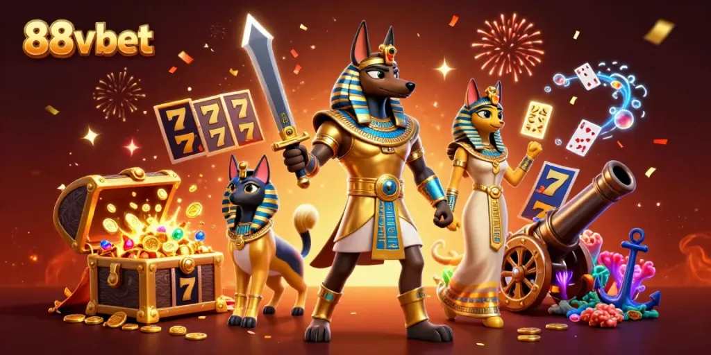 Experience the excitement of 88vbet with Anubis and Bastet surrounded by dynamic gambling elements.
