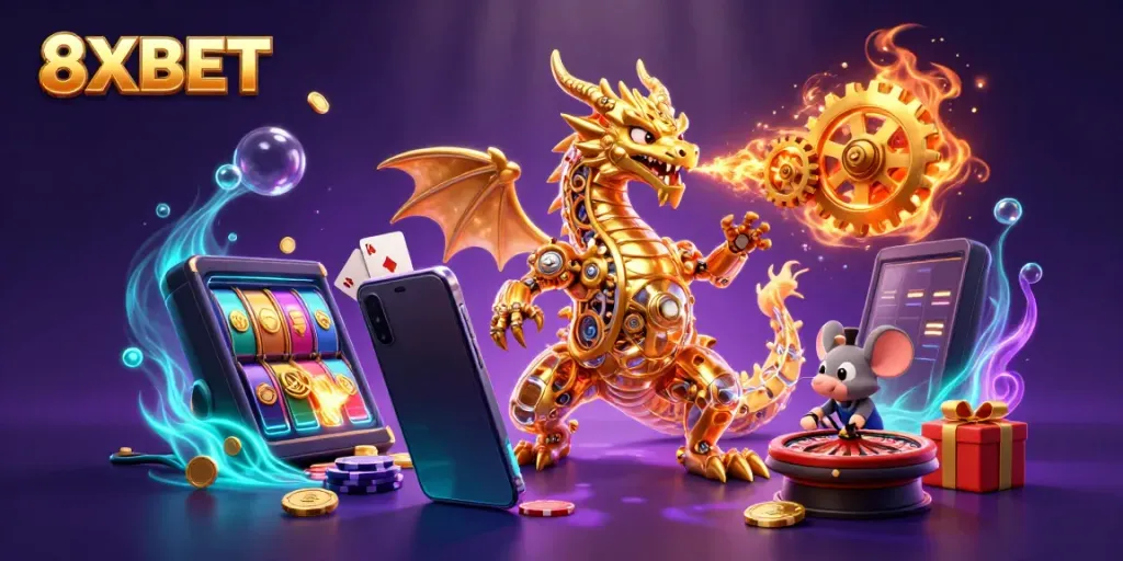 Experience the thrill of 8XBET with golden dragon gameplay and colorful slot games in a vibrant casino setting.