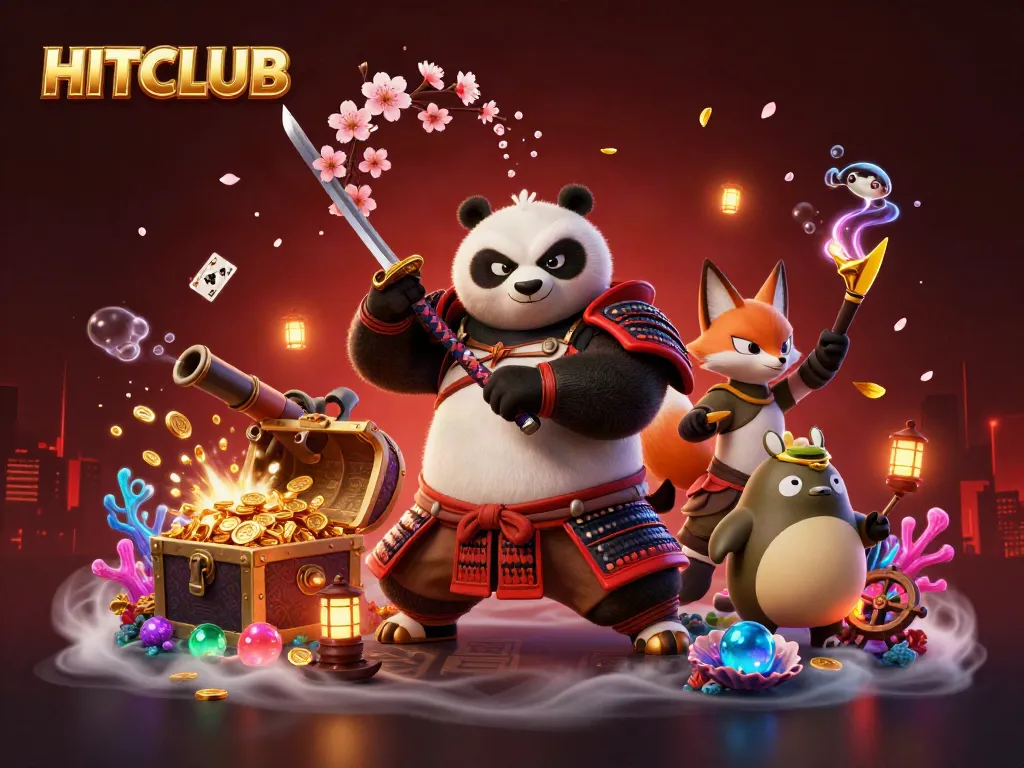 HITCLUB showcases a dynamic samurai panda and fox in a vibrant casino-themed illustration.