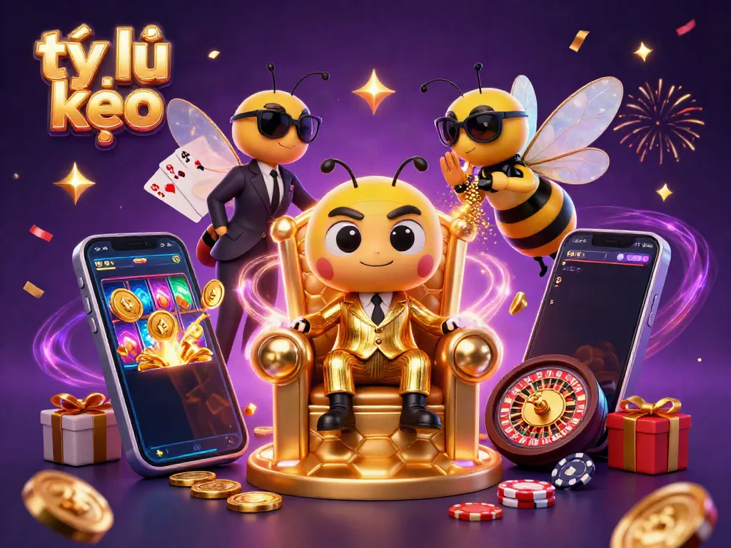 Engage in the exciting world of tỷ lệ kèo, featuring a dynamic scene with a bumblebee mob boss in a casino-like setting, amidst gaming elements and golden confetti.