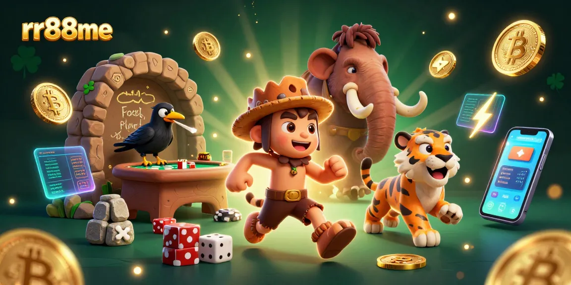 Join the gaming action with rr88me at a prehistoric casino, featuring vibrant 3D characters and crypto elements.