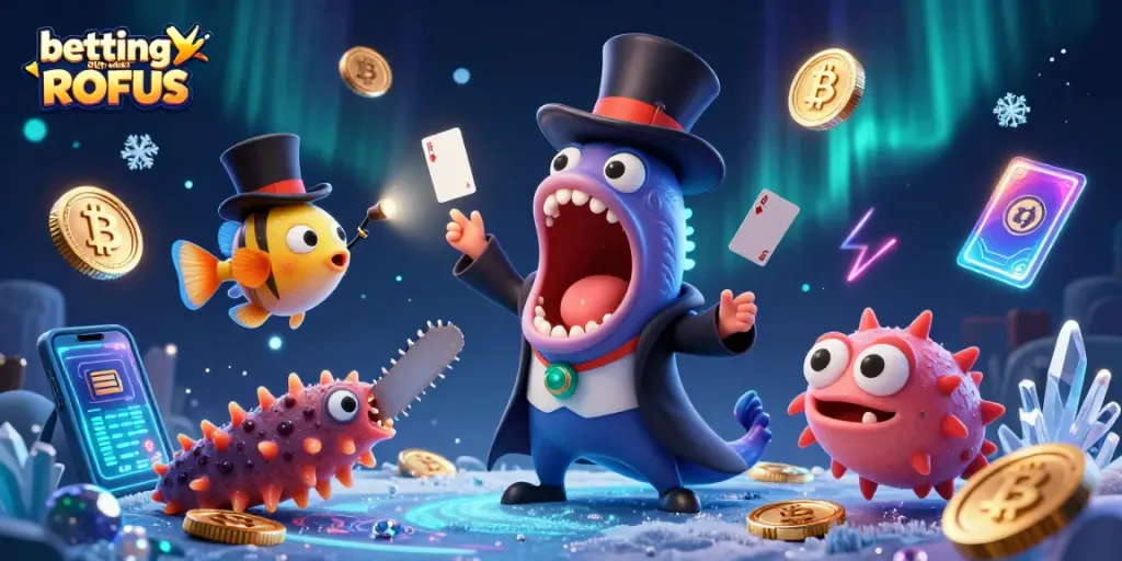Engage with betting sider uden ROFUS in a lively magical underwater casino scene filled with vibrant characters.