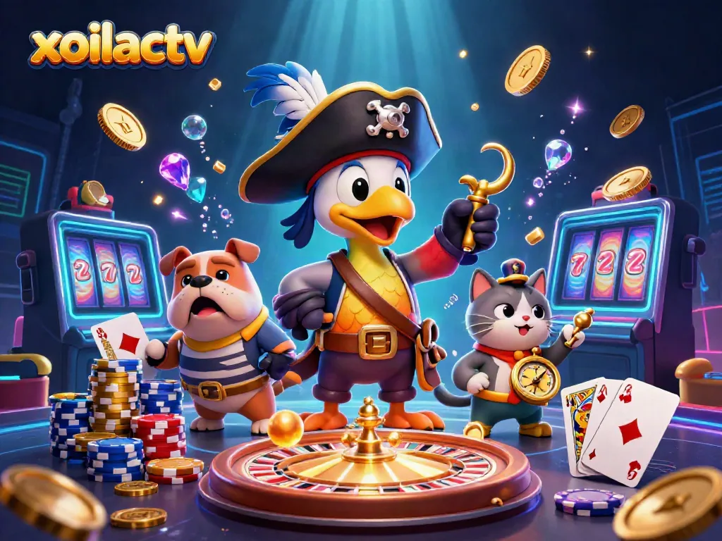 Watch xoilactv with a lively scene of a pirate captain and companions, surrounded by coins and casino elements.