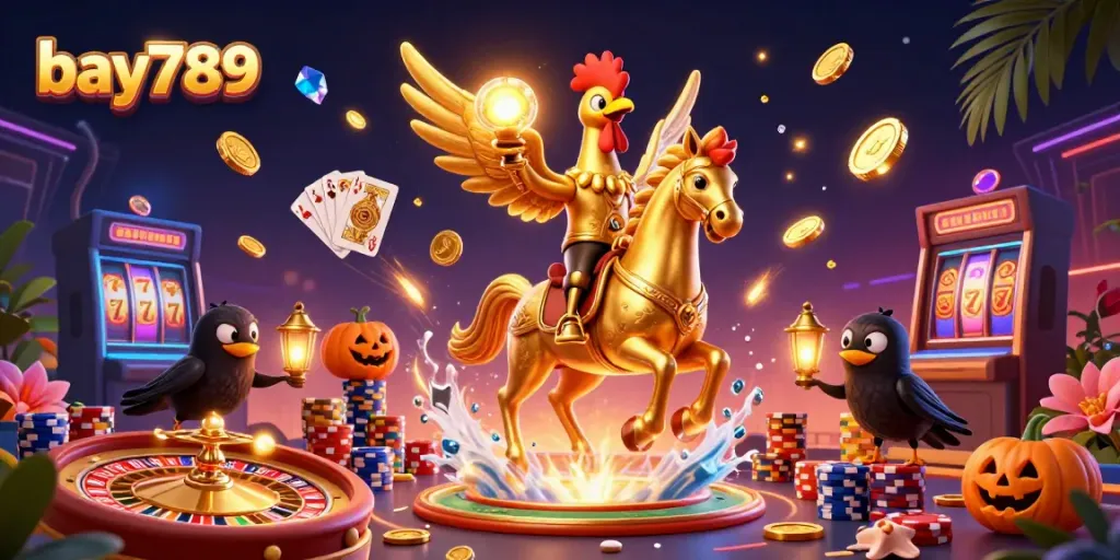Experience the thrill of bay789 with a golden rooster and companions amidst a vibrant casino scene.