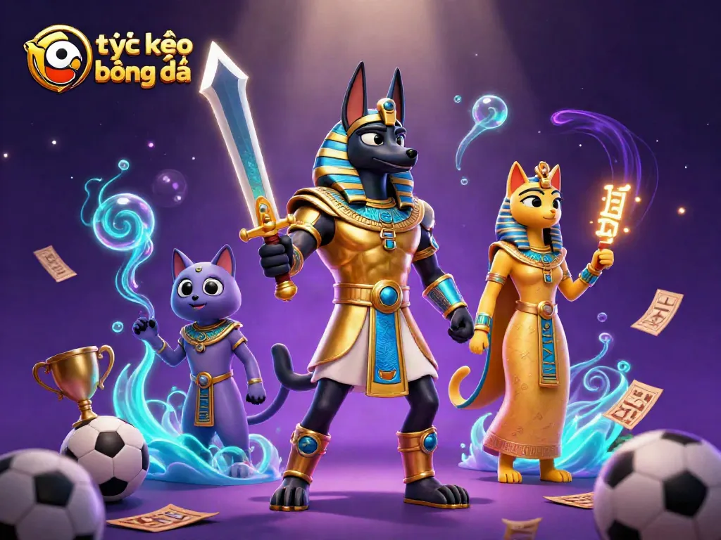 Betting on tỷ lệ kèo bóng đá with Anubis and Bastet amid thrilling sports elements.