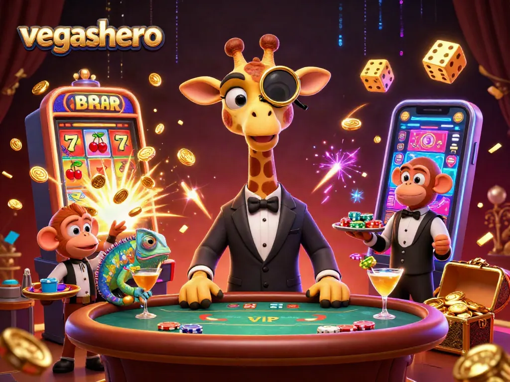 Win big with the vegashero at a vibrant casino scene featuring a high-roller giraffe, monkey valet, and chameleon bartender.