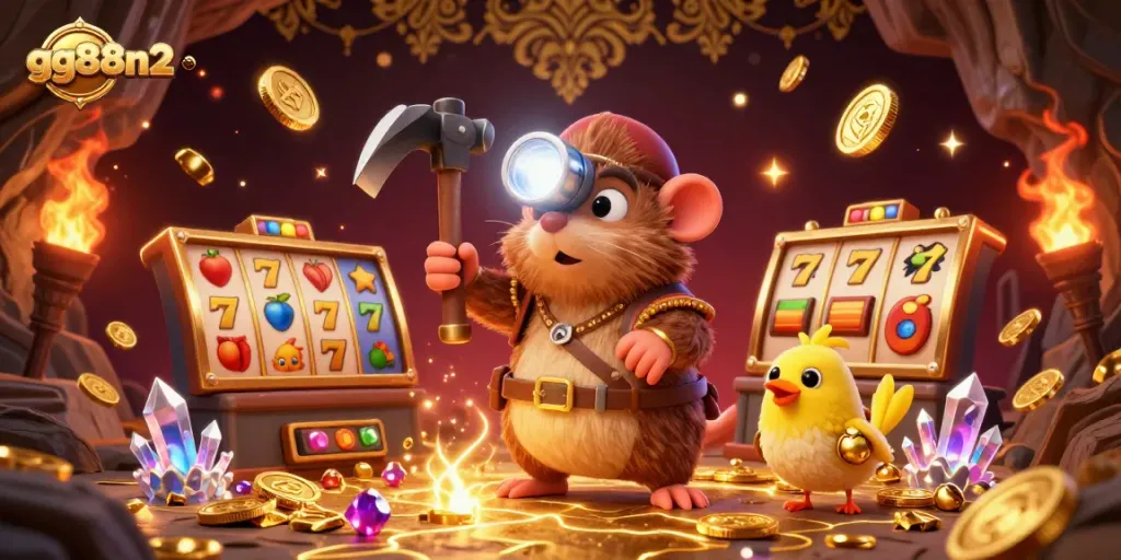 Mining golden jackpots at gg88n2 with a cartoon mole and treasures in a vibrant casino scene.