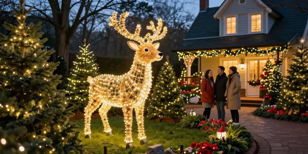 Outdoor Christmas lighting at https://adal-decorations.com/nl/home/, featuring a glowing 3D LED reindeer surrounded by festive decorations.