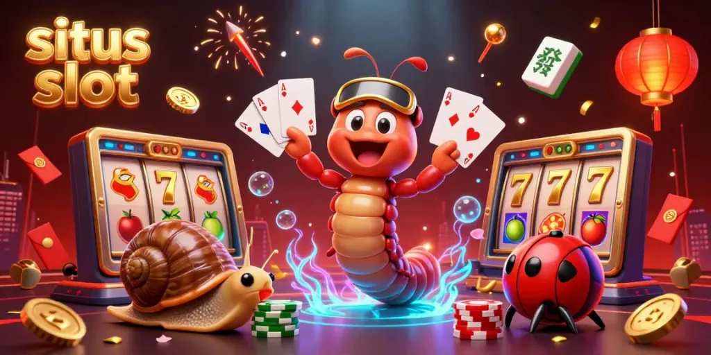 Experience the excitement of situs slot with a vibrant 3D casino scene featuring a millipede dealer and a high-roller snail.