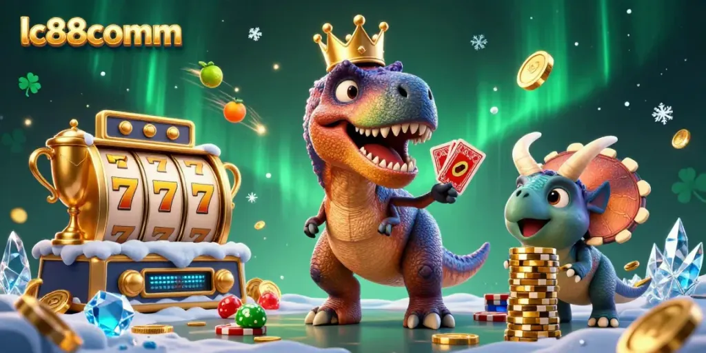Experience thrilling jackpot wins at lc88comm with a 3D T-Rex dealing cards while friends stack gold chips.