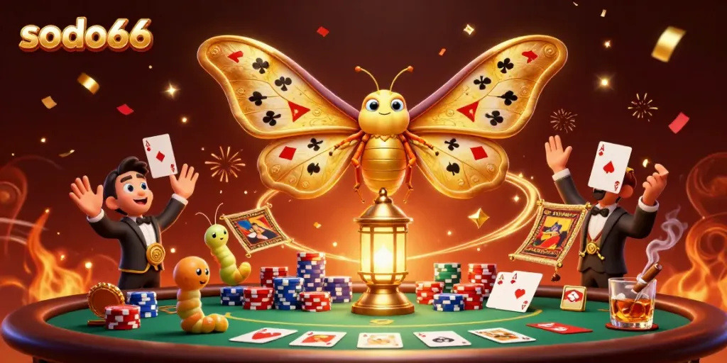 Experience the excitement of sodo66 with vibrant casino scenes and a majestic moth.
