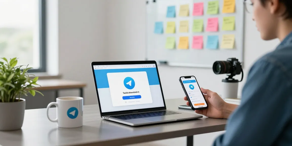 Download Telegram with ease in a modern tech workspace featuring a laptop and smartphone setup.