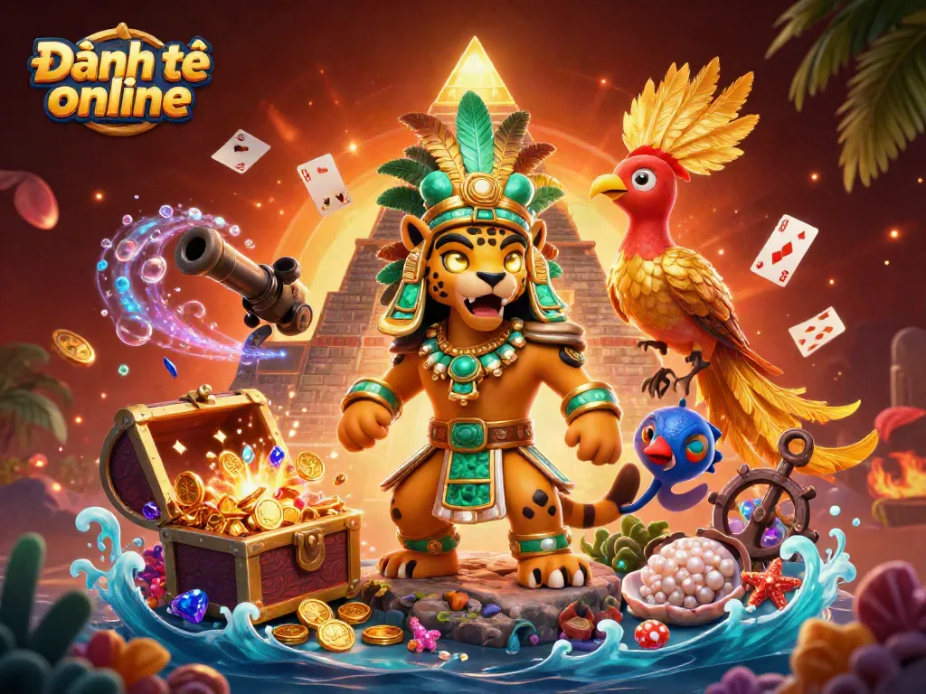 Engage in Đánh đề online as a Mayan priest and quetzal bird bring luck in a vibrant casino scene.
