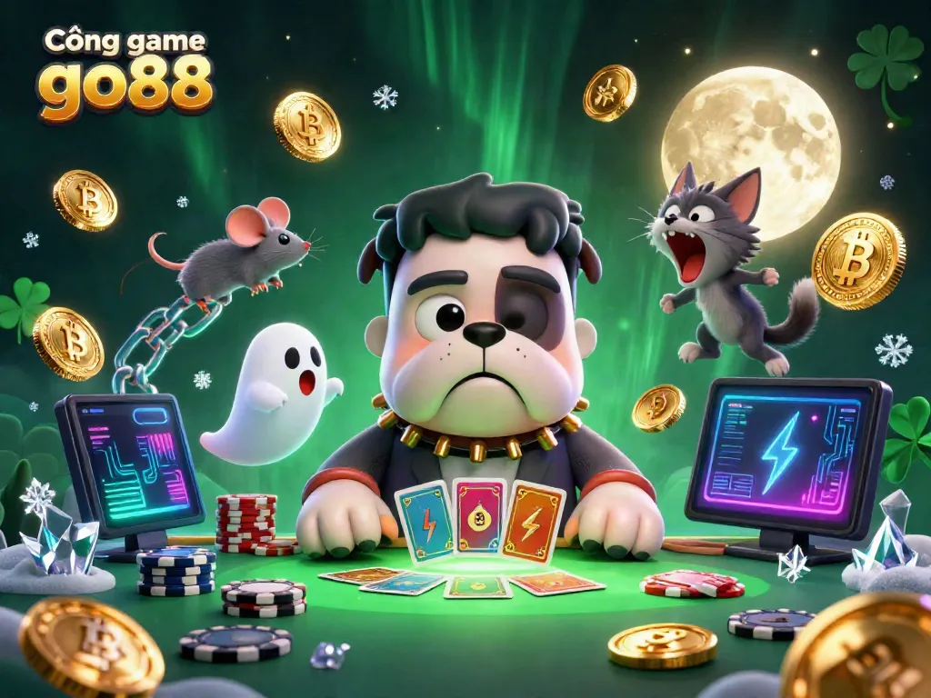 Experience the thrill at Cổng game go88 with 3D cartoon characters dealing cards amidst crypto coins and a mystical table.
