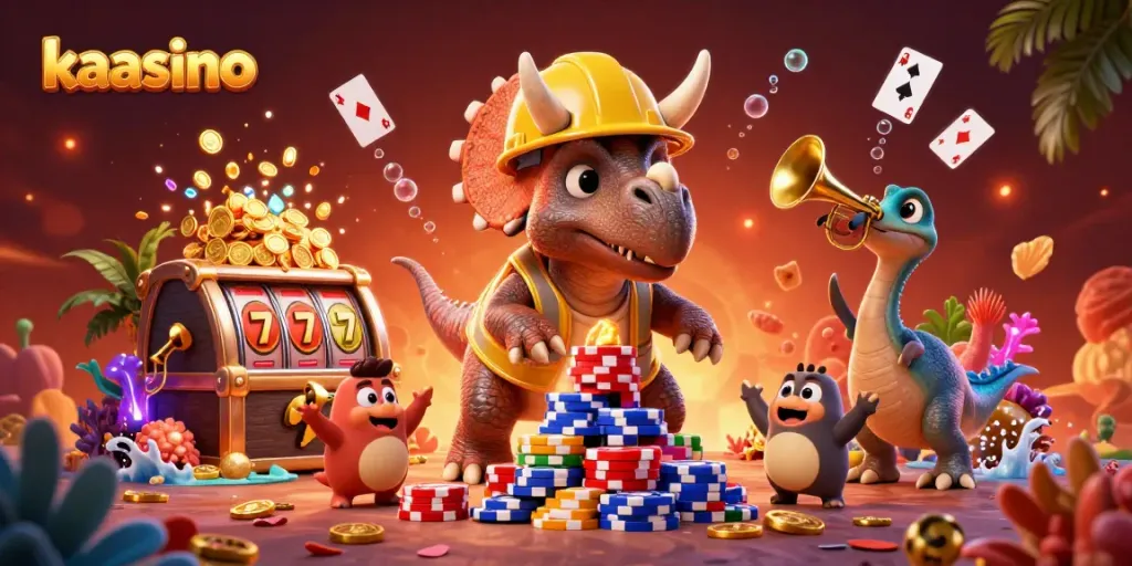 Kaasino features an energetic scene with a triceratops, parasaurolophus, and cheering compys amid vibrant casino elements.