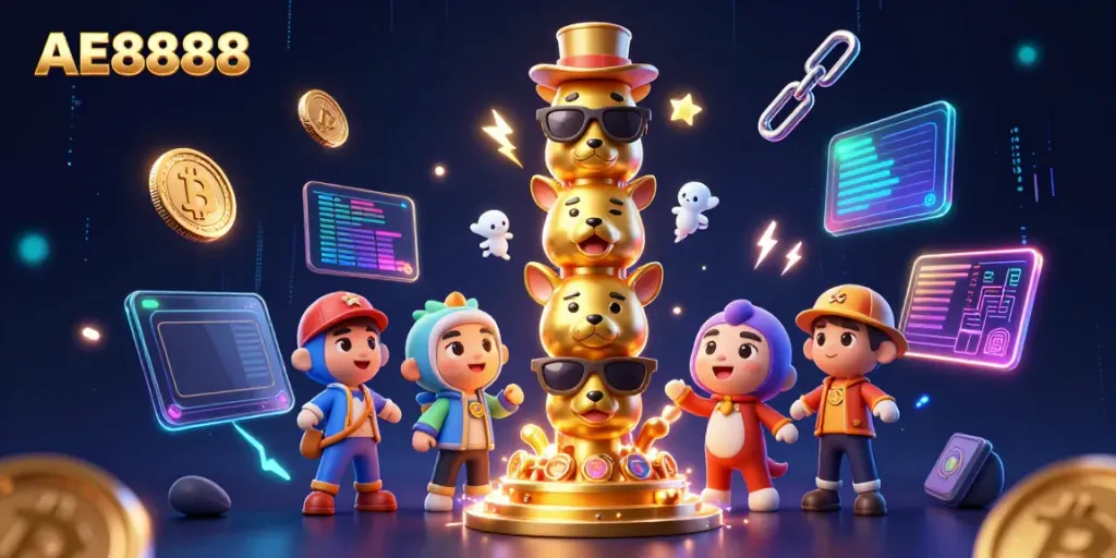 Experience thrilling gameplay with AE8888 in a vibrant online casino scene filled with animated characters and cryptocurrency.