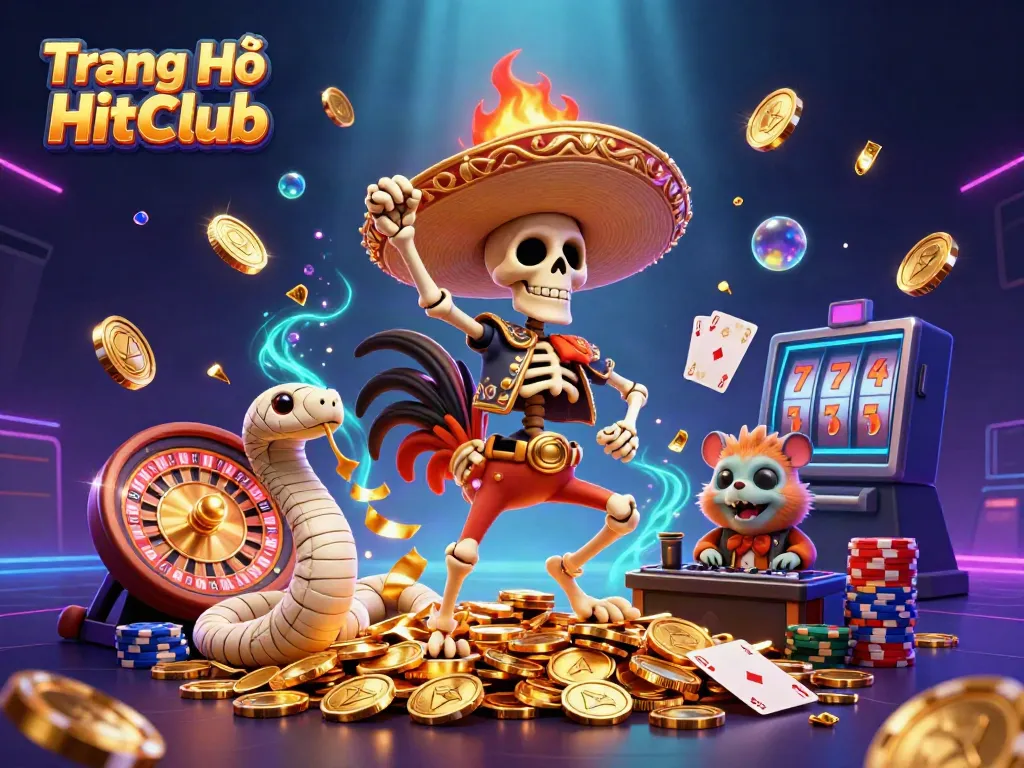 Experience the excitement of gambling with Trang Chủ HitClub's vibrant characters showcasing a victory dance amidst flying coins and dazzling treasures.