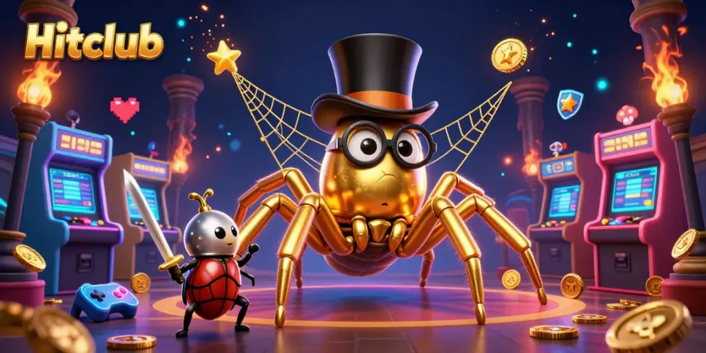Hitclub showcases a brave beetle knight and golden tarantula weaving casino-themed treasures.