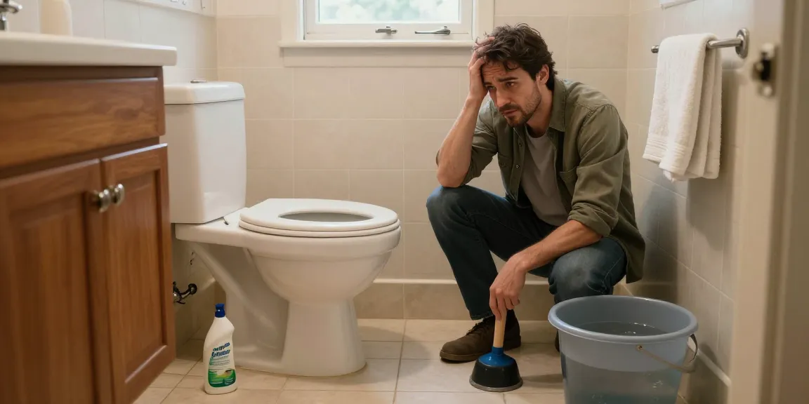 Verstopte wc opgelost door huismiddelen zoals plunje en warm water in een moderne badkamer.