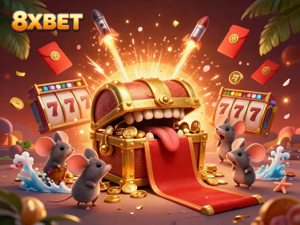 Experience wealth and excitement with 8XBET's treasure chest themed graphic, capturing the thrill of jackpot slots.