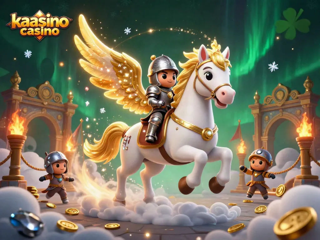 Kaasino casino offers exciting gameplay with a celestial horse and knight in dynamic action.