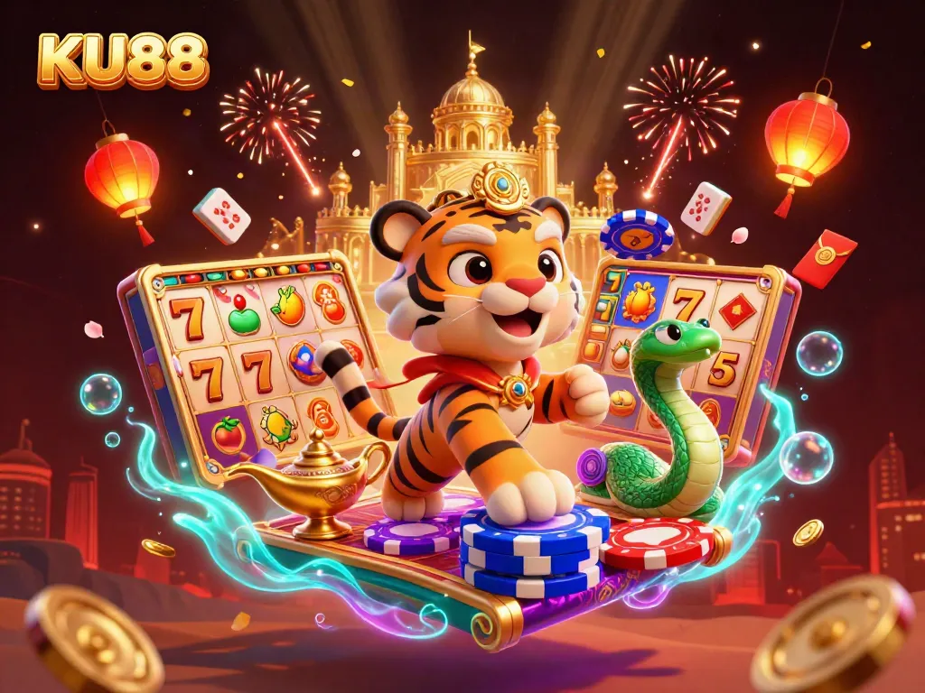 Experience thrilling gameplay with KU88's vibrant casino scene featuring a tiger sultan and magical elements.